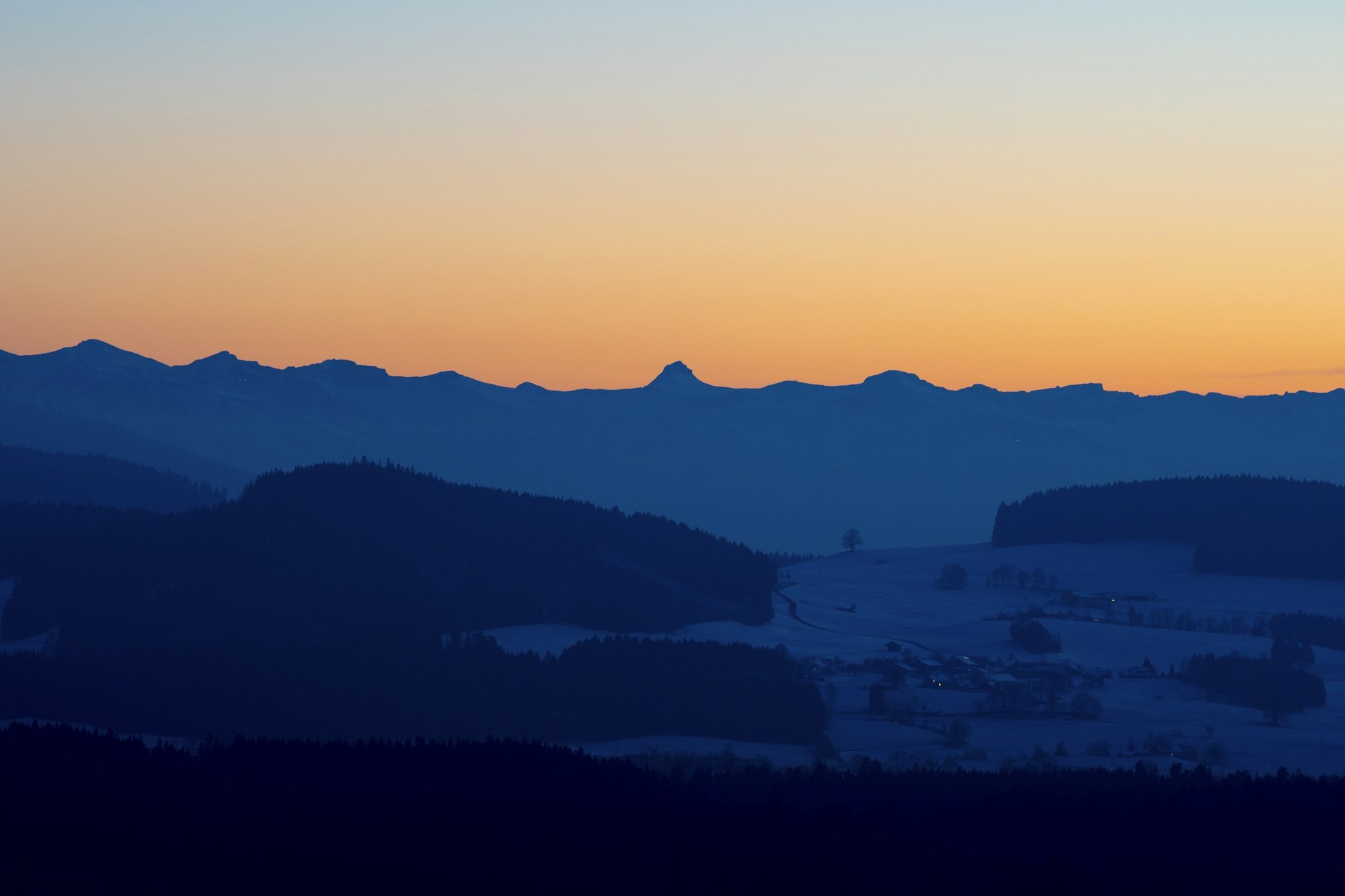Blick über das Allgäu bei Isny in der blauen Stunde, am Horizont die Allgäuer Alpen